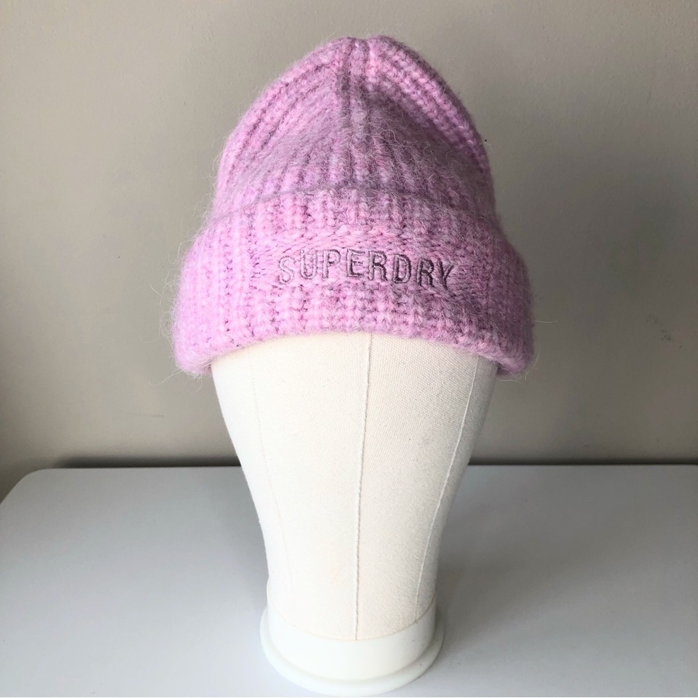 Superdry Lavender Wool Alpaca Blend Knit Beanie Embroidered Hat